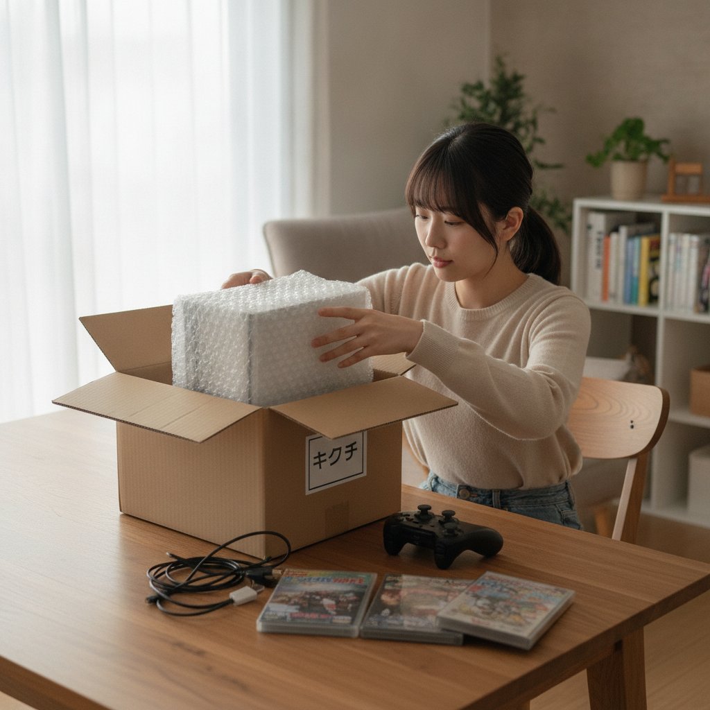 ゲーム機を梱包して郵送買取に出す女性