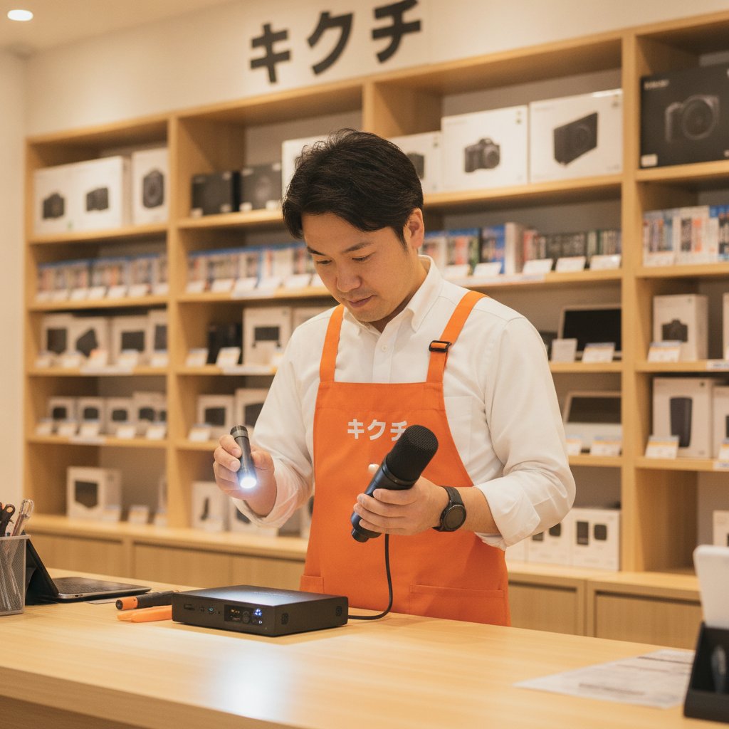 買取のキクチでキャプチャーボードとマイクを査定する様子