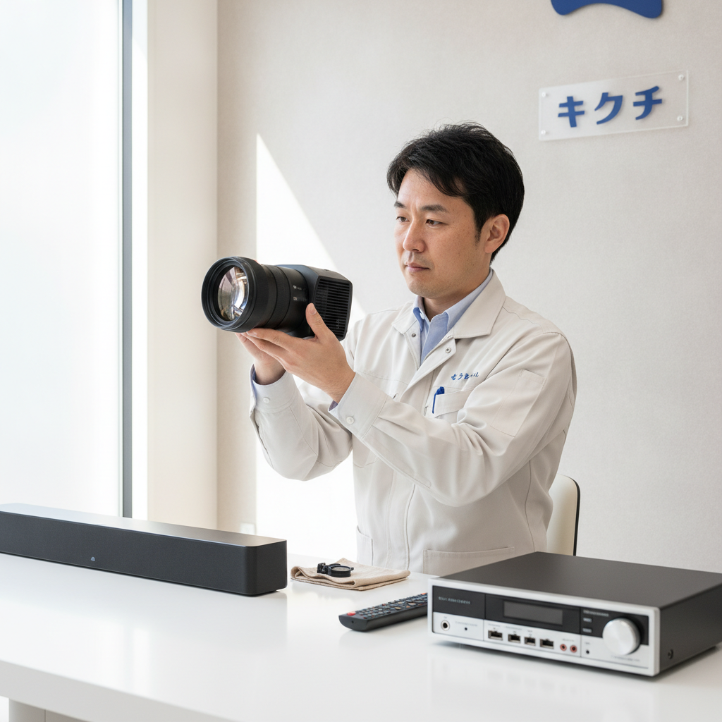 買取のキクチのスタッフがプロジェクターのレンズ状態を査定している様子