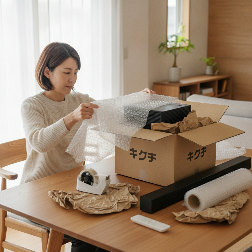 プロジェクターをエアキャップで丁寧に梱包して郵送買取に出す準備