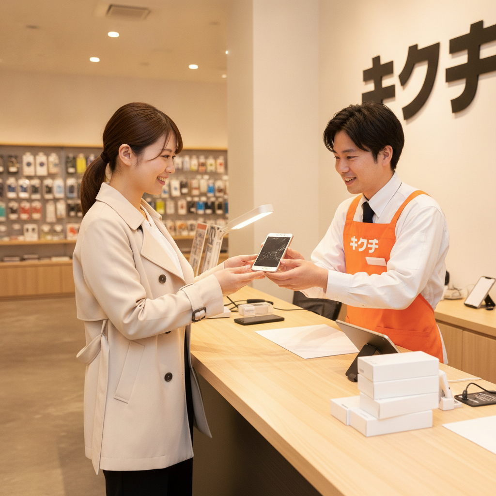 買取カウンターでスタッフにスマートフォンの査定を依頼する女性