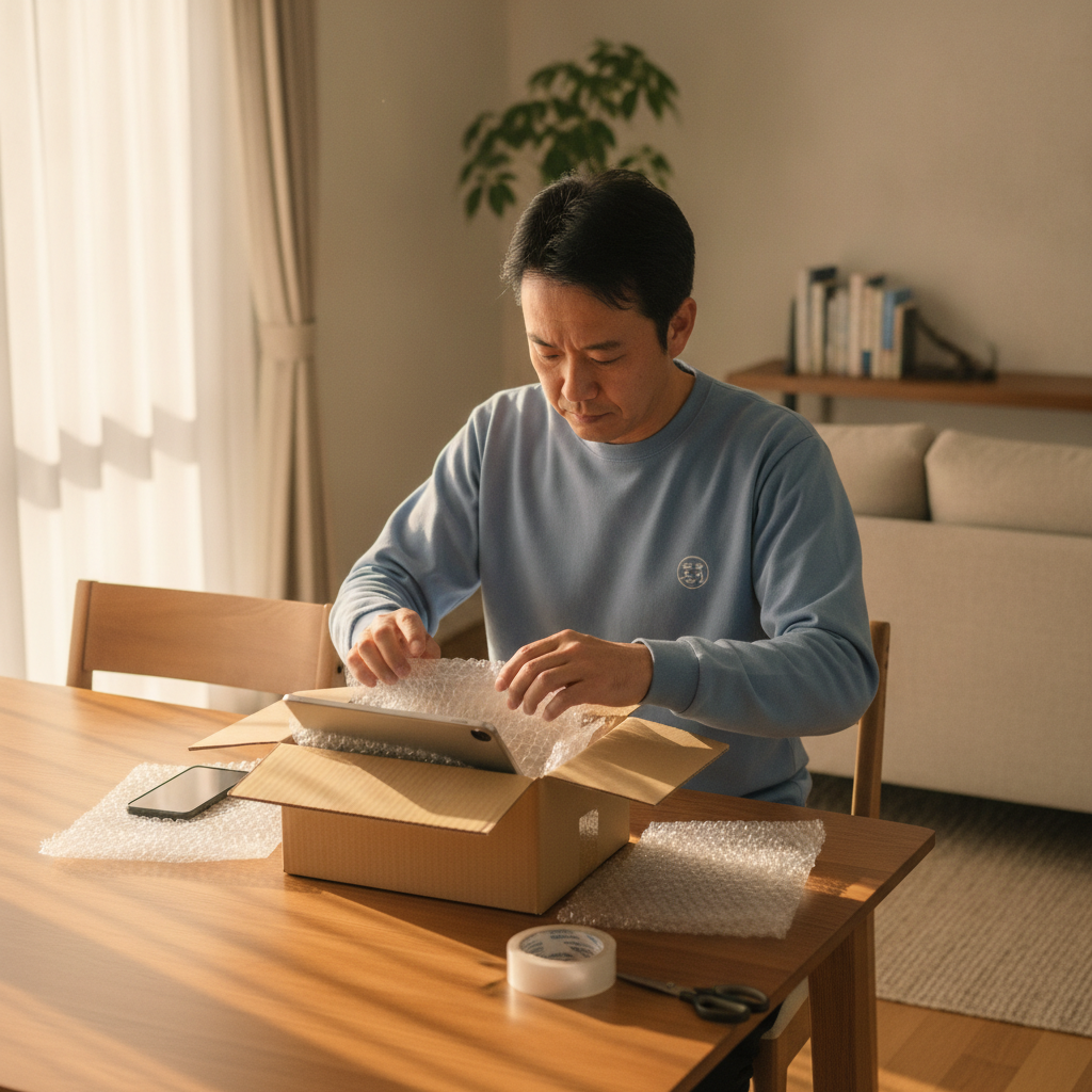 郵送買取に向けてスマホとタブレットを梱包する様子