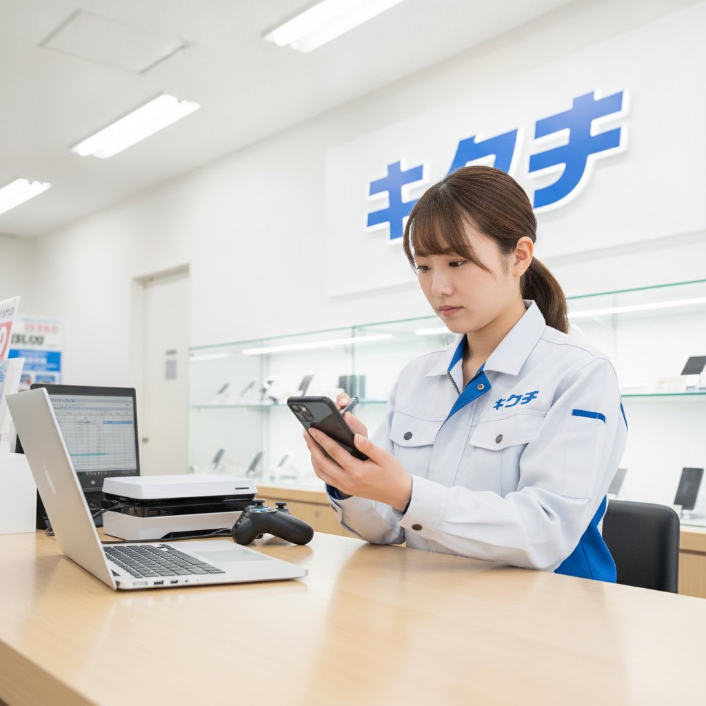 買取店で中古スマホを査定するスタッフ
