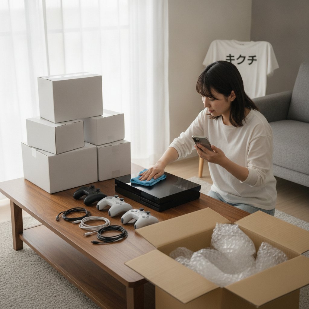 郵送買取に向けてゲーム機やスマホを清掃・梱包する女性