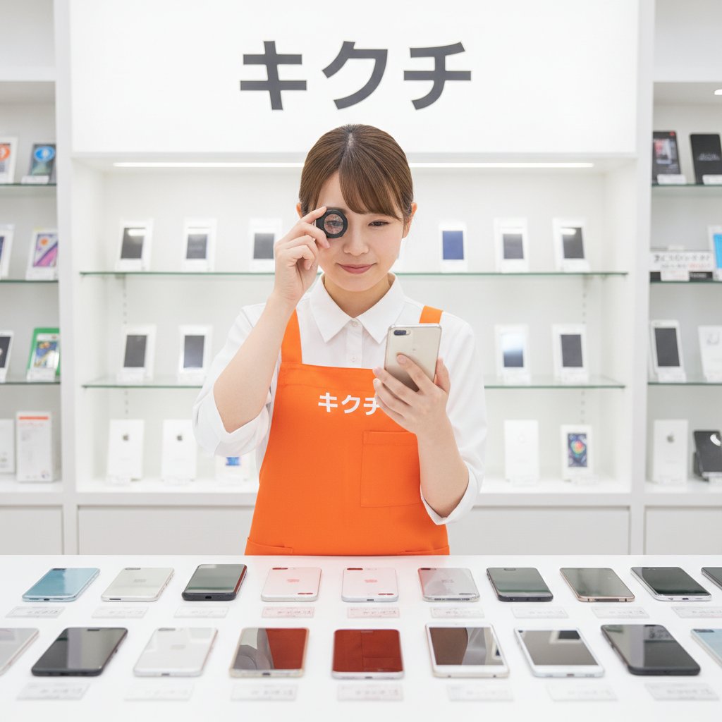 スマートフォンの買取査定を行うキクチのスタッフ