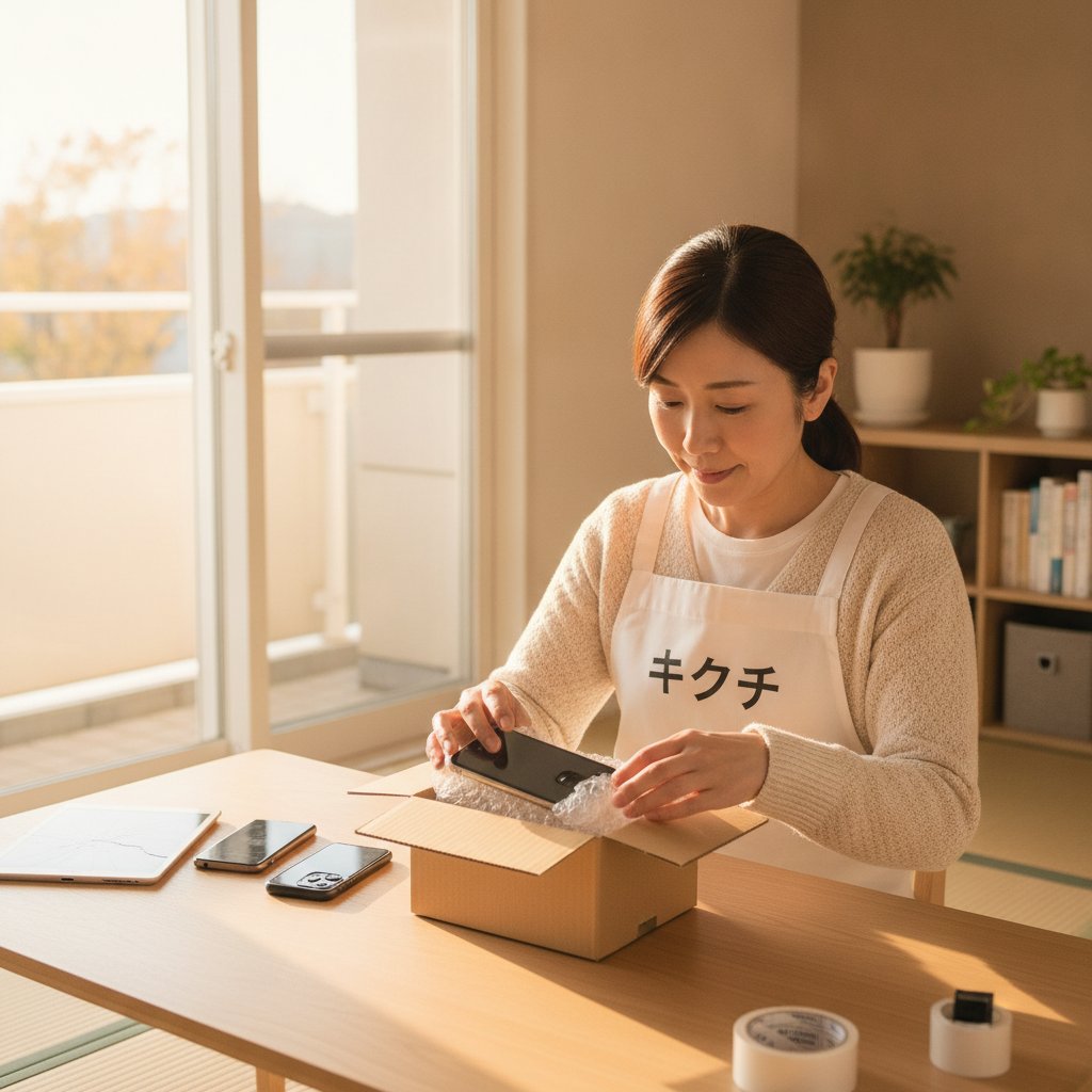 iPhoneを郵送買取のために梱包する女性