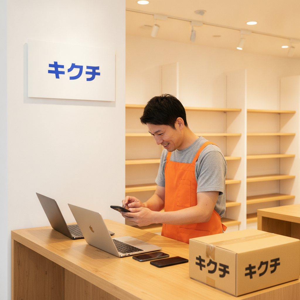 買取査定でスマホとパソコンの状態を確認するスタッフ