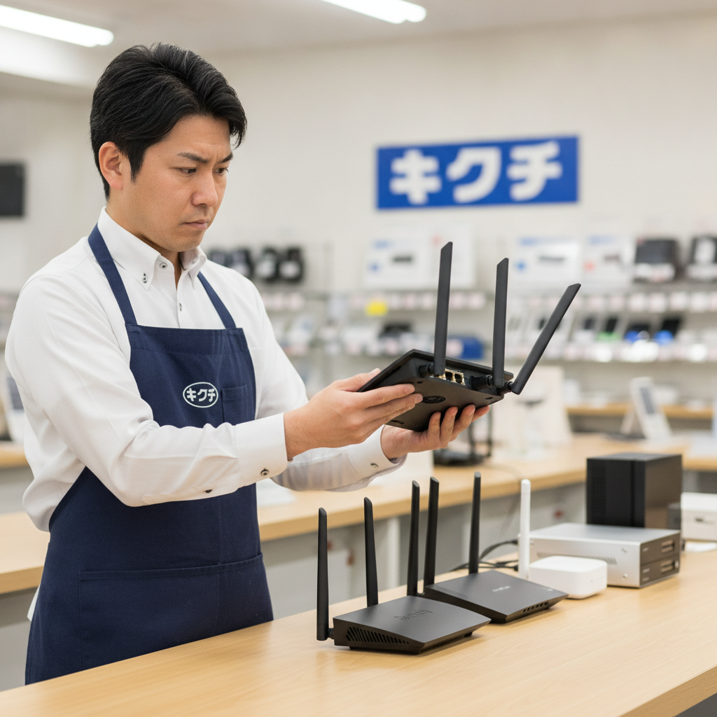 買取カウンターでWi-Fiルーターを査定するキクチのスタッフ
