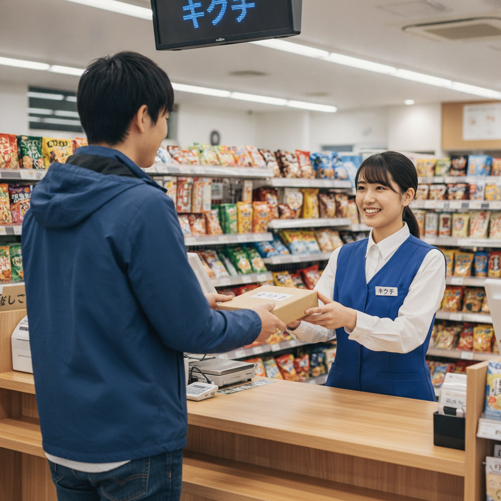 コンビニのカウンターで小さな荷物を発送する男性