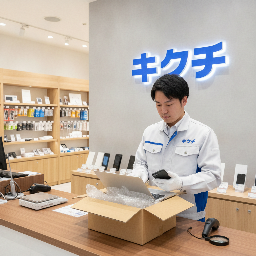 買取店で到着したノートPCとスマホを検品するスタッフ
